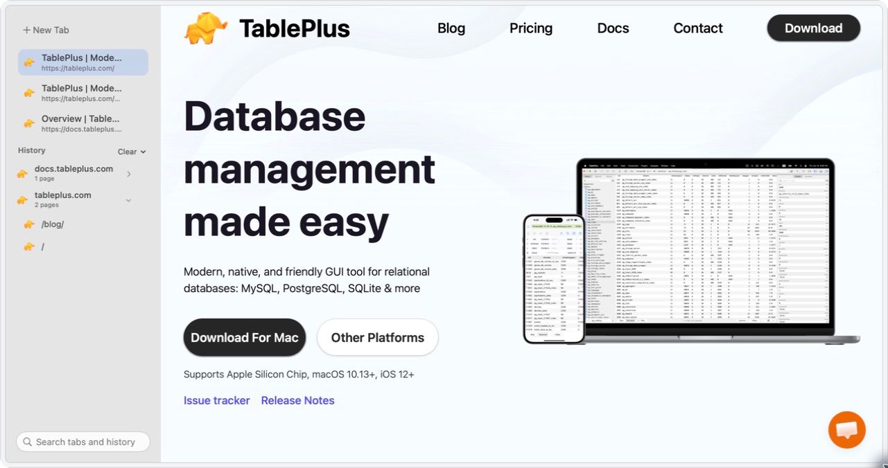 TinyWeb with its vertical tab sidebar open, listing 3 tabs and a searchable history, beside the TablePlus homepage