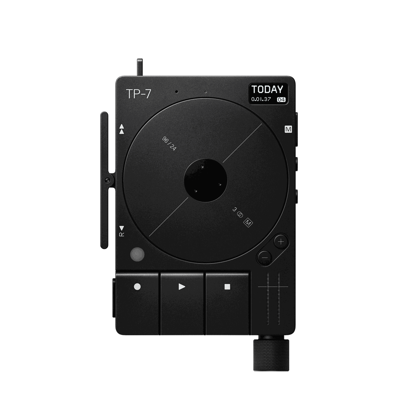 The black TP-7 front view, with the black reel wheel, the small display and the 3 transport keys