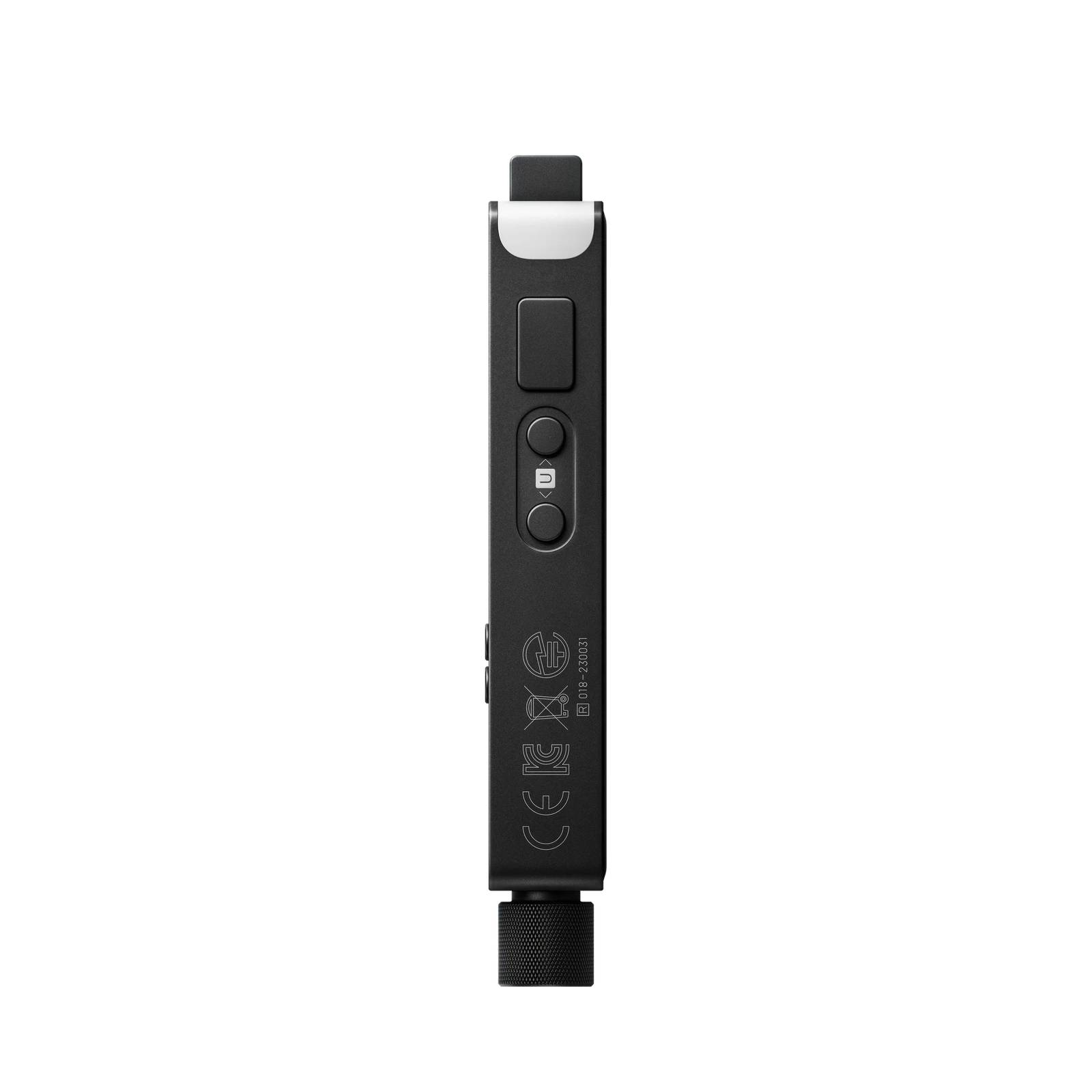The right side of the black TP-7: the rocker, the memo button and the regulatory markings