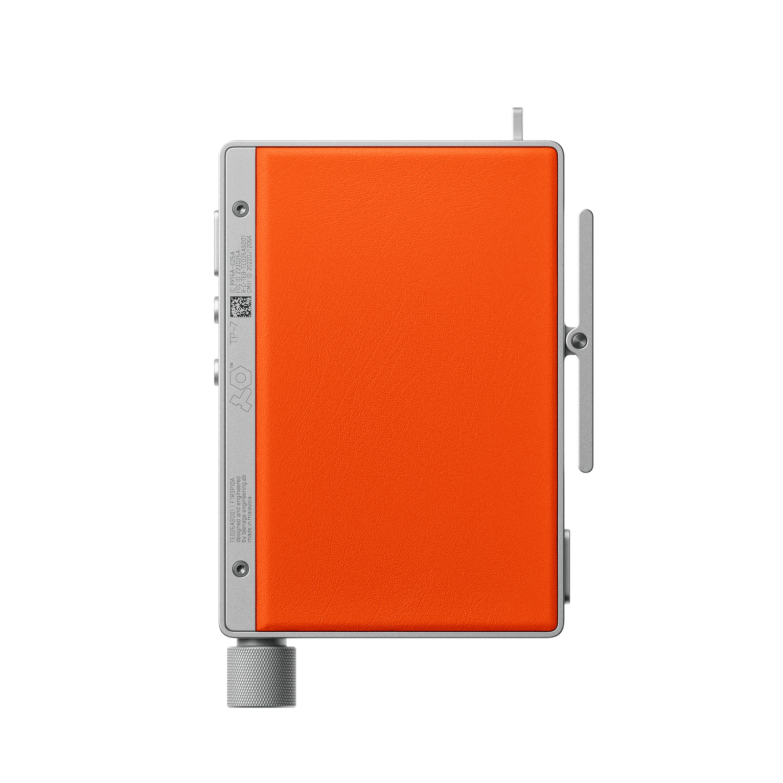 The back of the aluminium TP-7, a bright orange panel framed by the aluminium case