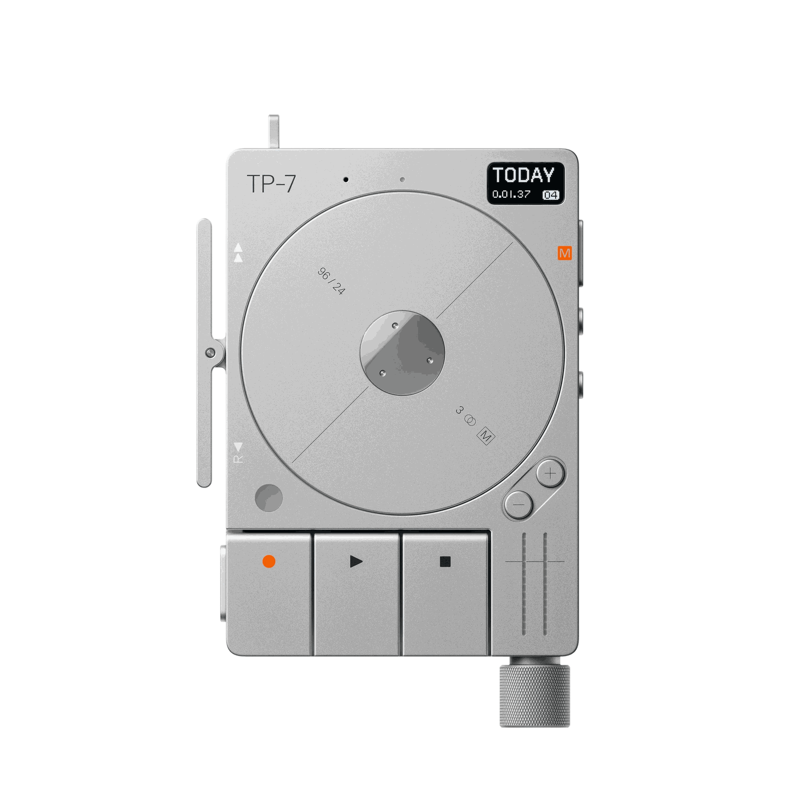 The TP-7 in brushed aluminium, front view: a large round reel wheel with an off-centre hub, a small monochrome display reading TODAY at top right, an orange memo button, record, play and stop keys at the bottom, and a jack sticking out below