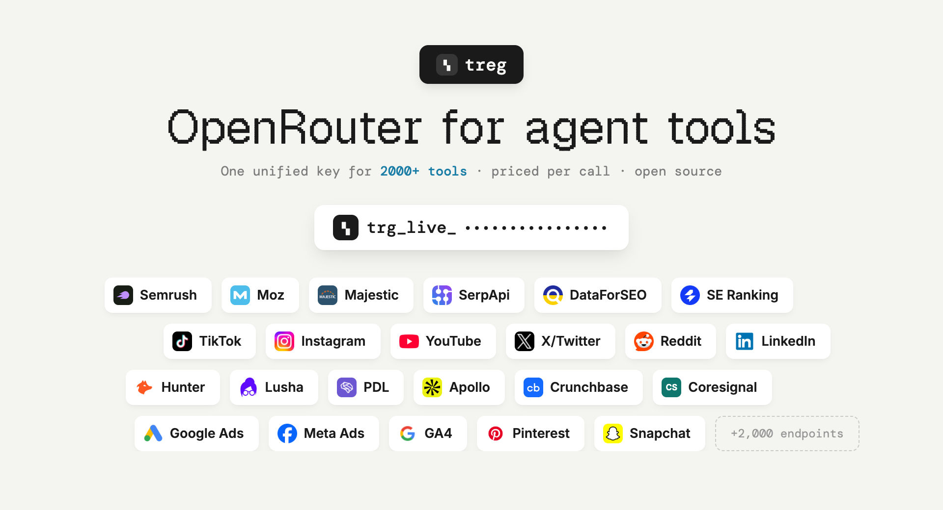 The treg landing card reading OpenRouter for agent tools, with provider badges for Semrush, Apollo, Hunter, Crunchbase, LinkedIn and others
