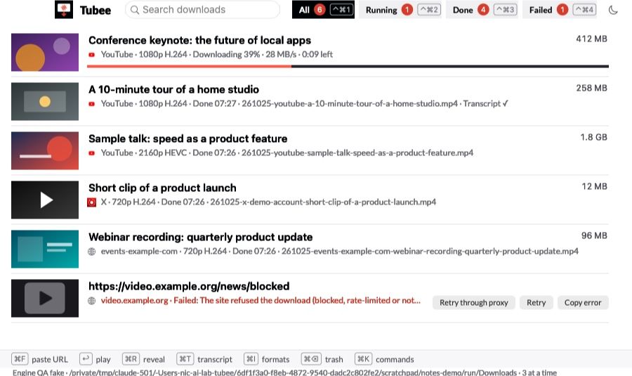 The Tubee window in light mode with the same dummy downloads: filter pills for All, Running, Done and Failed with their counts and keys, and a shortcut bar at the bottom