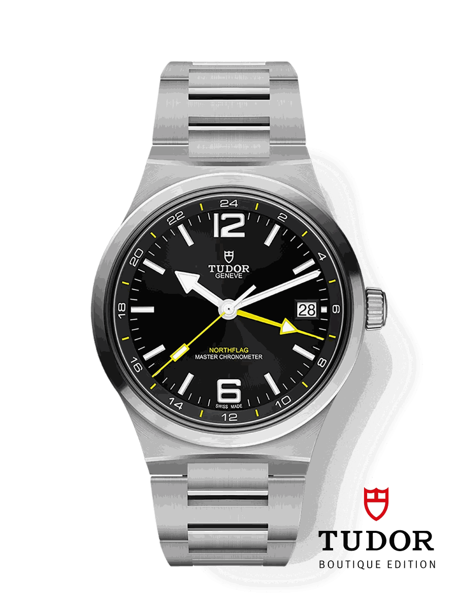 Tudor Northflag upright on its steel bracelet, black dial with yellow GMT and seconds hands, marked Boutique Edition