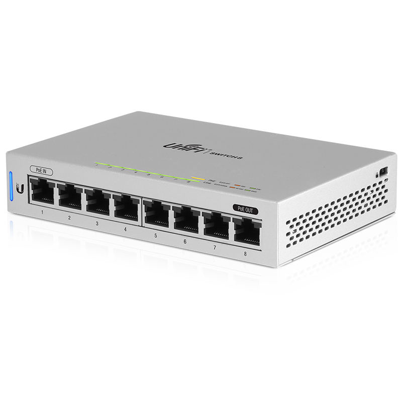 Ubiquiti UniFi Switch 8 in a silver metal case, showing its eight RJ45 ports labelled PoE in and PoE out