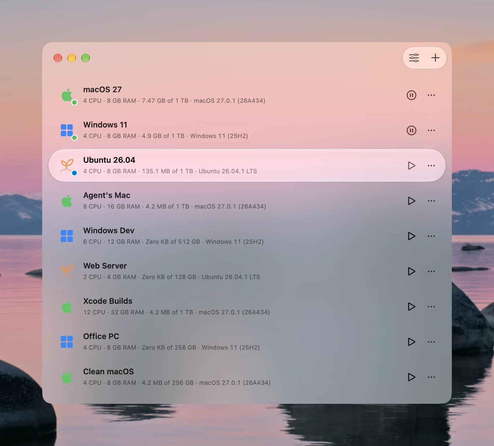 VMPal's main window in a frosted Liquid Glass style over a sunset sea photo: a list of 9 virtual machines including macOS 27, Windows 11, Ubuntu 26.04, Agent's Mac, Web Server and Xcode Builds, each with its CPU, memory and disk use