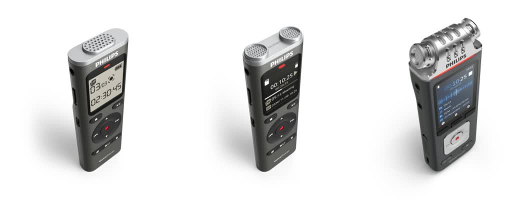 The 3 Philips VoiceTracer recorders side by side: the DVT1170 with a single round microphone grille and a grey segment display, the DVT2075 with 2 microphone capsules and a small colour screen, and the DVT6115 with a large chrome 3-microphone head and a bigger colour screen