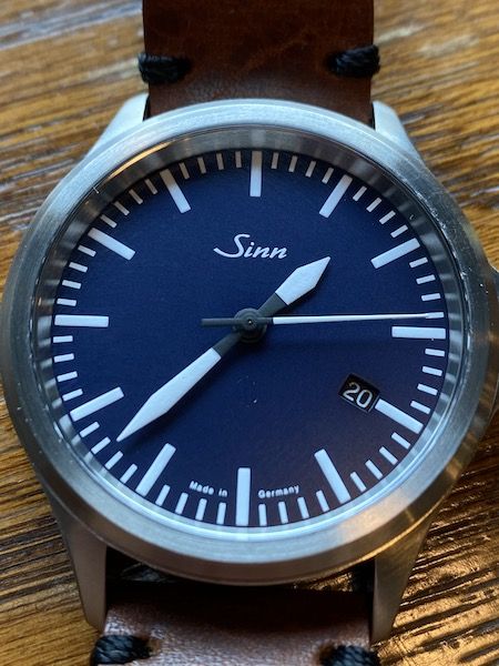 Sinn 856 I B in direct light, dial reading clearly blue