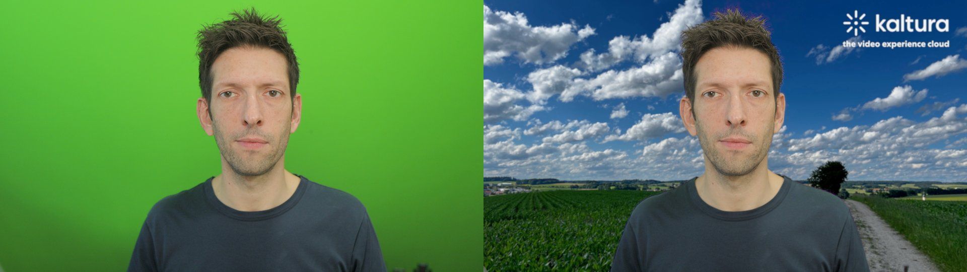 Before and after: on the left the raw camera picture of me against the bright green wall, on the right the same moment from the Webcamee camera with the Kaltura sky background