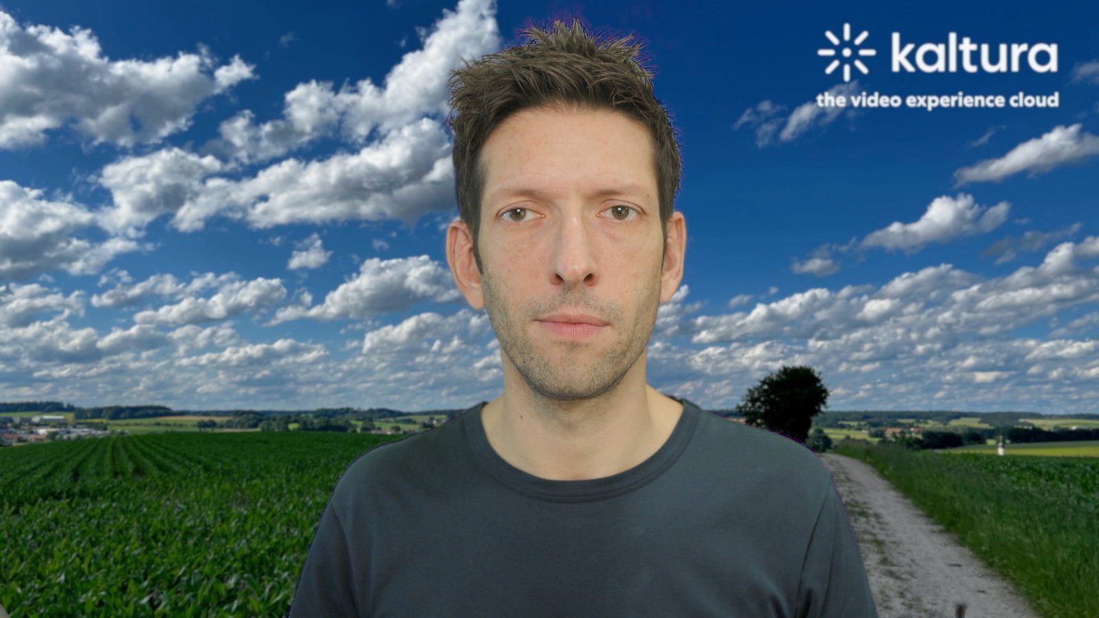 Me looking into the camera in a video call through Webcamee: the green wall behind me replaced by a Kaltura background of blue sky, clouds and green fields, with my hair and dark T-shirt cleanly keyed