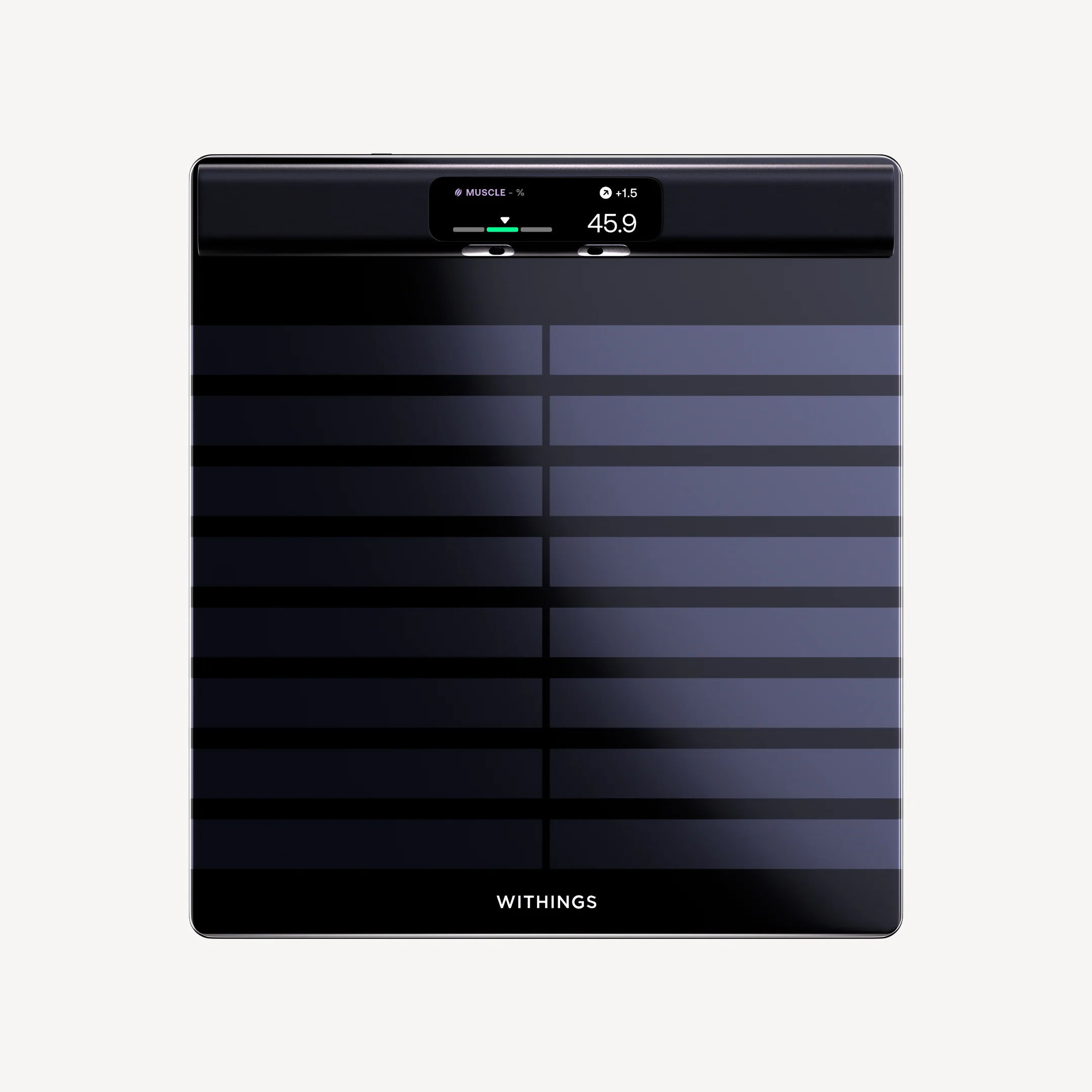 Withings Body Scan 2 seen from above, handle docked flush along the top edge, display showing a muscle reading of 45.9