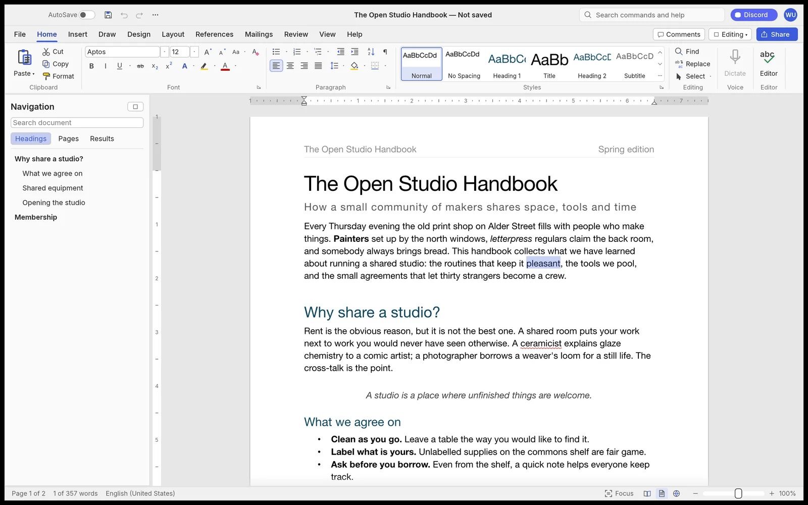 WordCraft with a Word-style Home ribbon, a Styles gallery with live previews, a Navigation pane of headings, and a sample document called The Open Studio Handbook