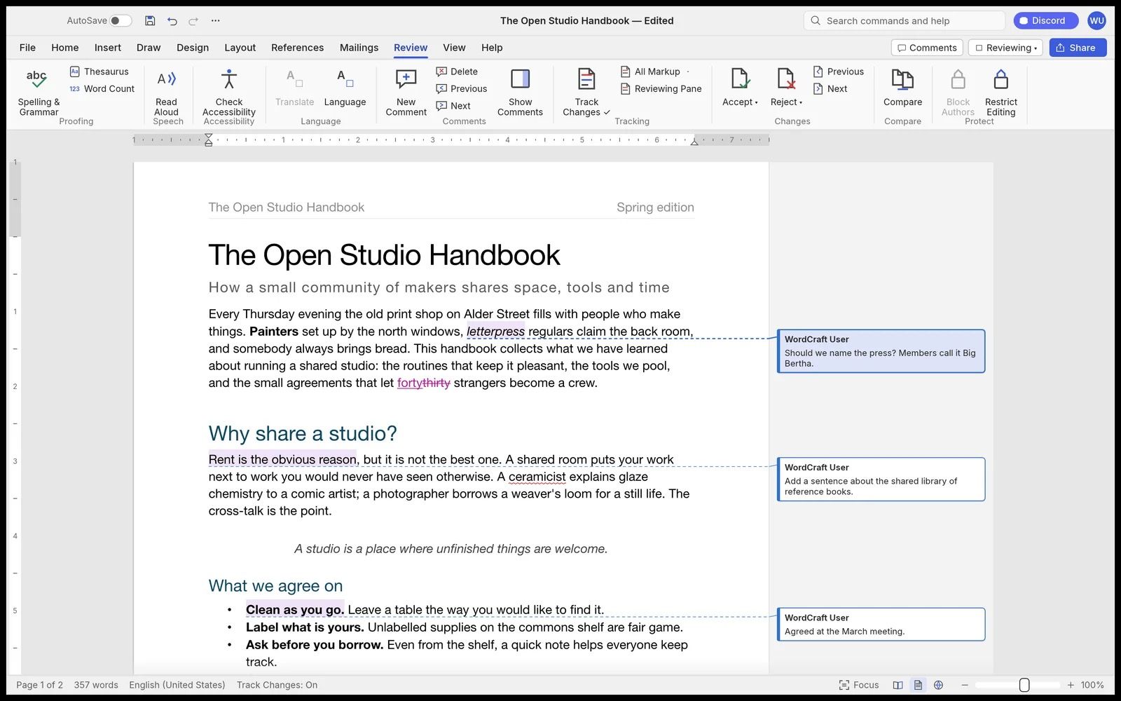 WordCraft's Review tab with Track Changes on: an inserted word in magenta next to a struck-through one, and 3 comment balloons in the right margin