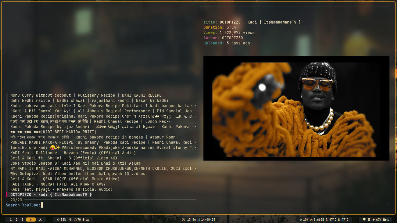 ytsurf running in a terminal: a search result list on the left, and on the right the selected video's title, duration, view count and a colour thumbnail rendered as terminal graphics