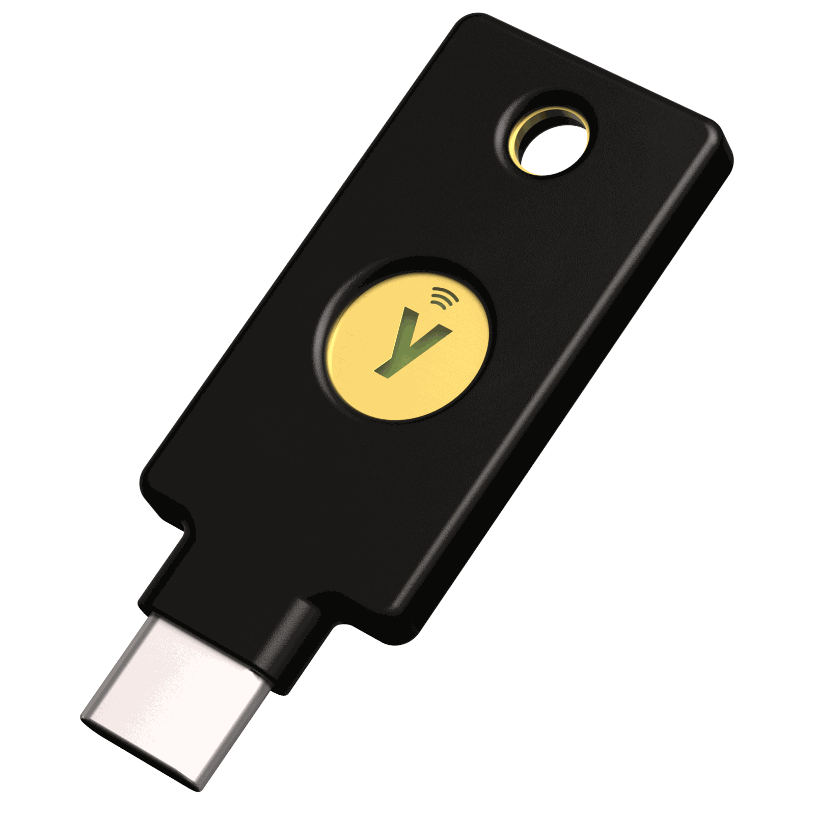 The YubiKey 5C NFC in black, angled on a white background: a flat key with a USB-C plug, a gold touch sensor with the Yubico Y logo and the NFC symbol, and a hole for a key ring