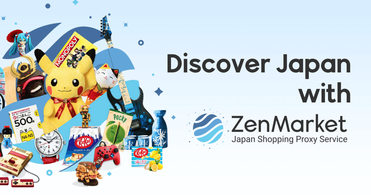 ZenMarket banner: Discover Japan with ZenMarket next to a pile of Japanese goods, including a Pikachu plush, a wristwatch, a guitar, a sake bottle, KitKat packs and a Famicom console