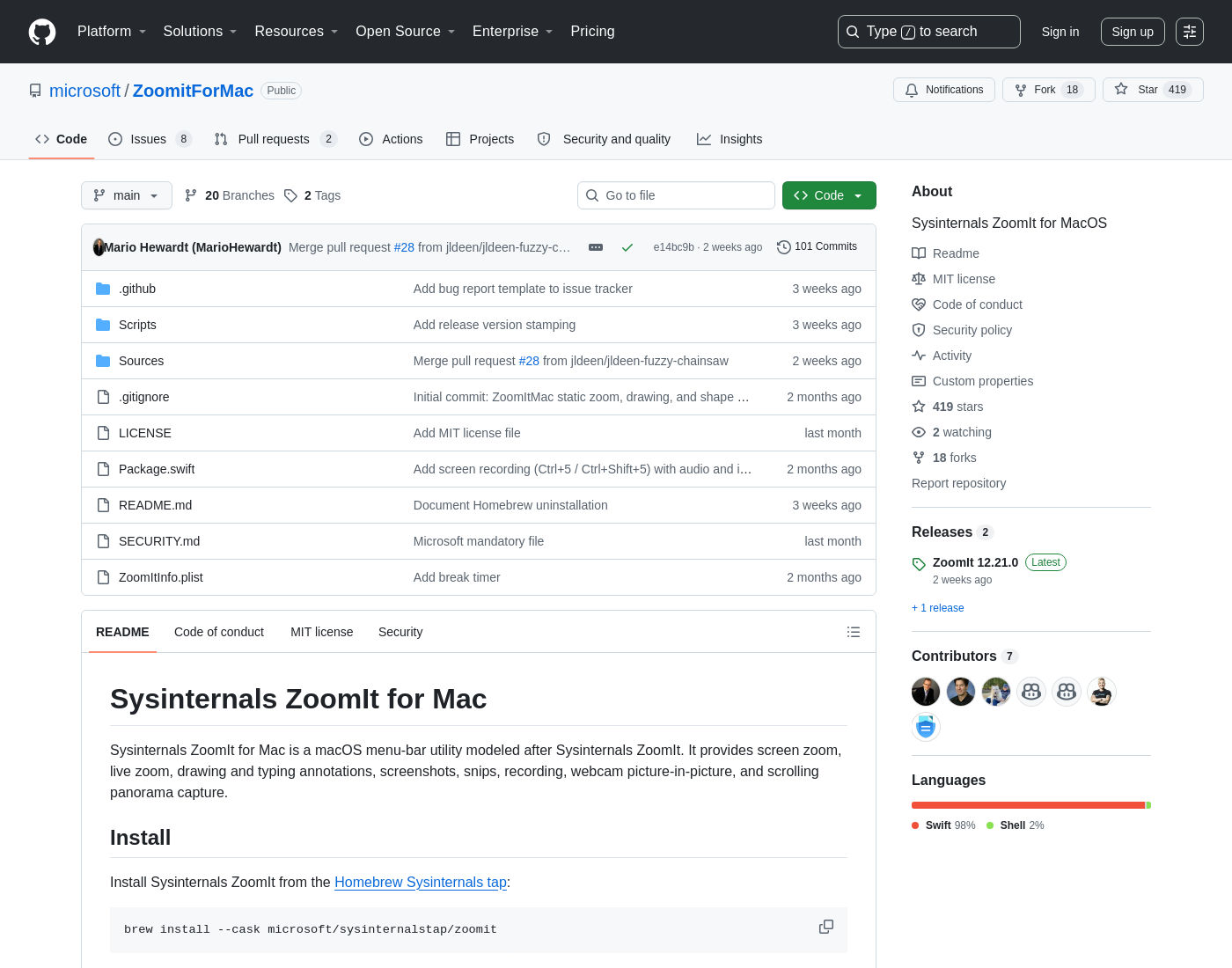The microsoft/ZoomitForMac GitHub page showing 419 stars, MIT licence, release 12.21.0 and a language bar reading Swift 98 percent