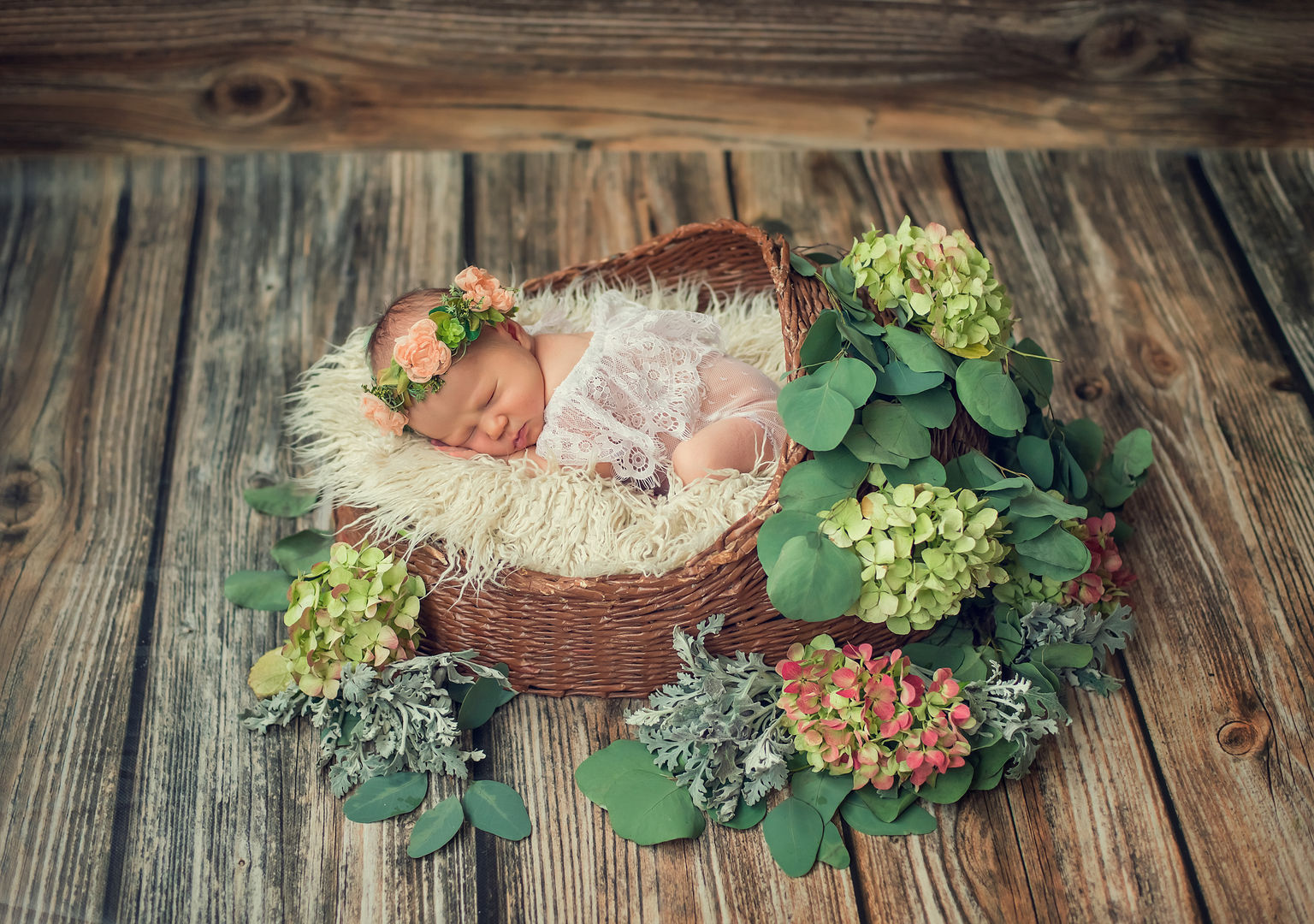 Styled newborn portrait with soft props - Los Angeles baby photographer
