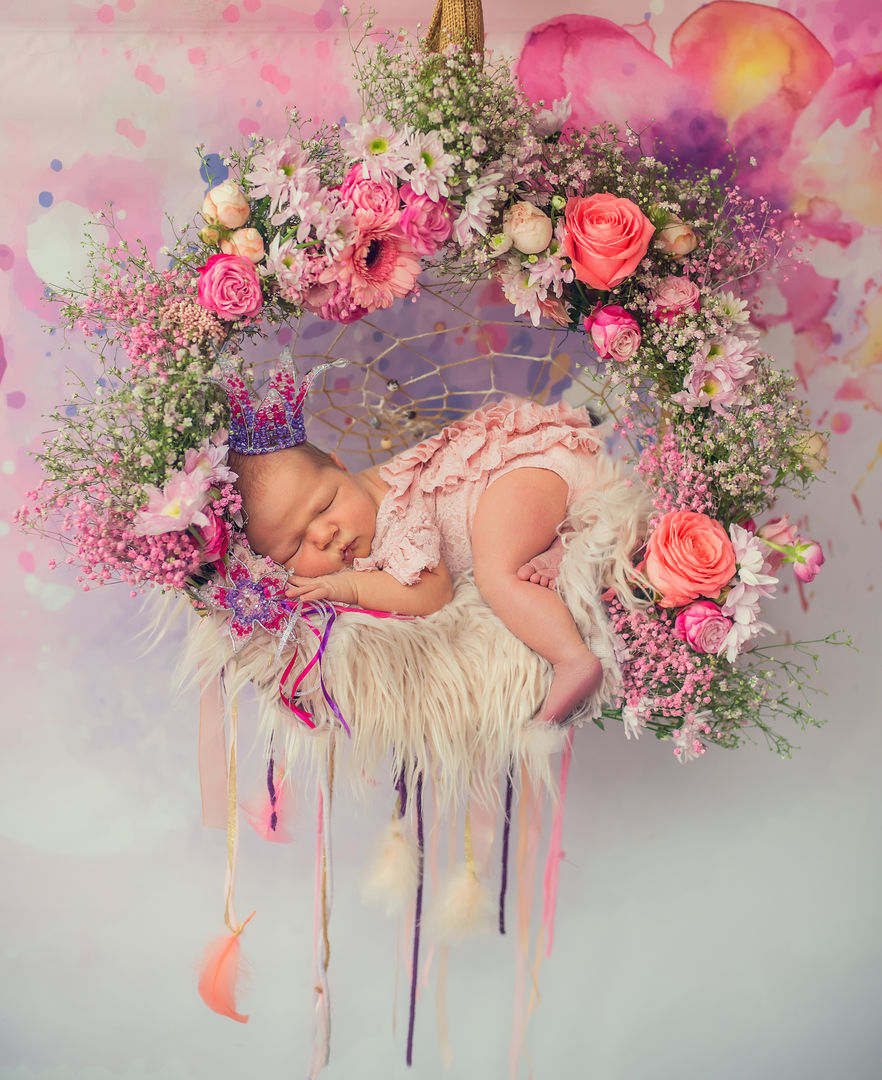Newborn in floral wreath - fine art baby portrait Los Angeles