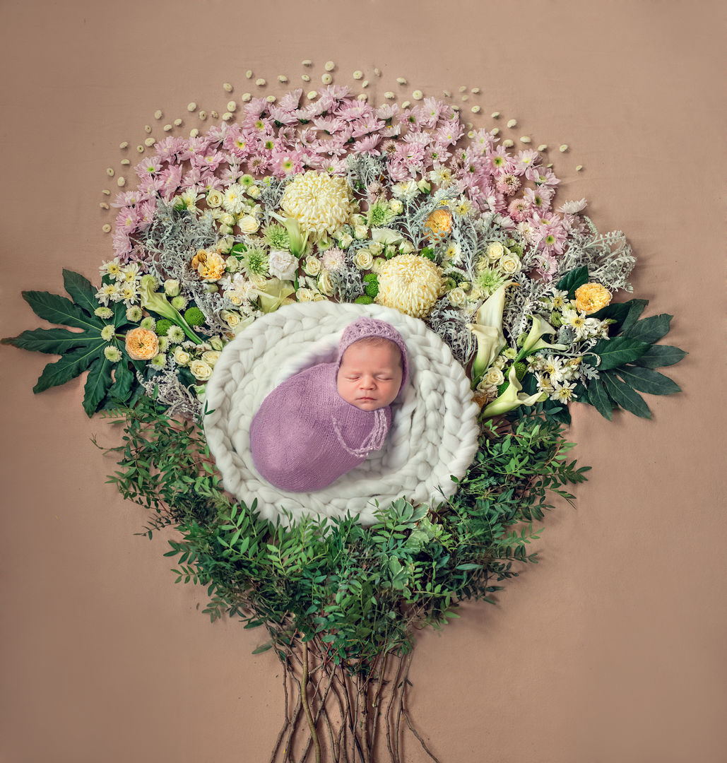 Newborn baby portrait with flowers - fine art baby photography