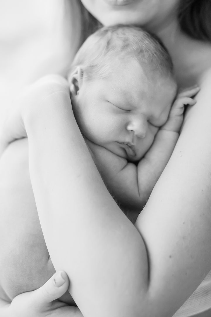 Peaceful newborn sleeping in parent's arms