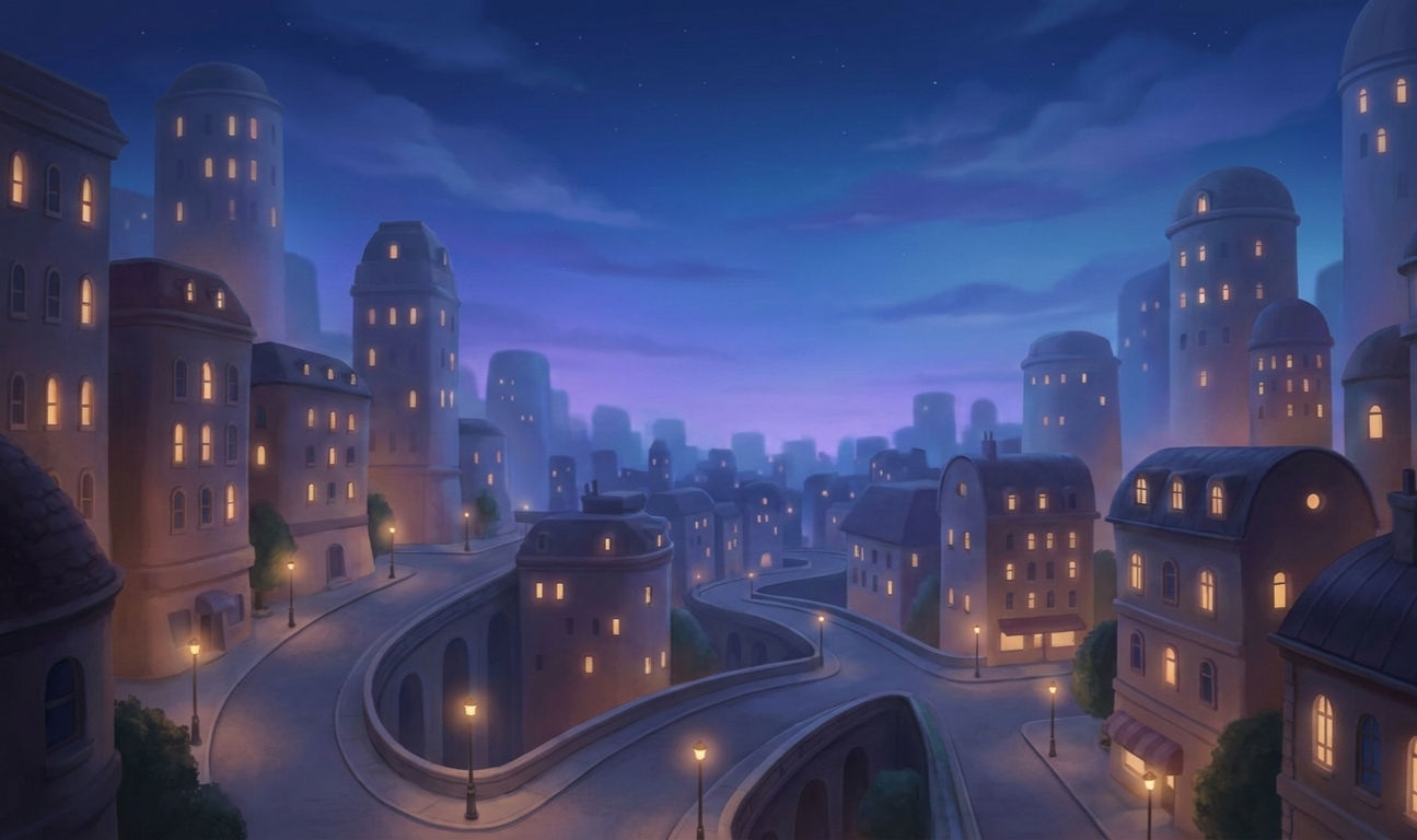 The Moon Left a Lamp On 1 Quiet city at night under a wide sky, soft lights and still streets creating a calming night story mood for adults with anxiety.