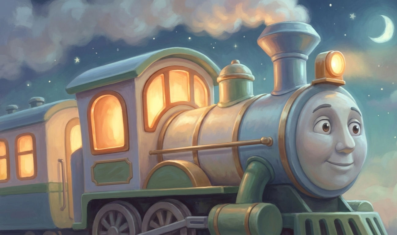 A softly glowing train designed to feel calm and welcoming, illustrated in a Disney Pixar style.