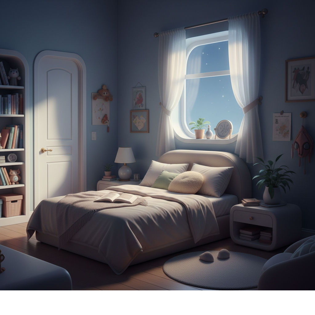 Peaceful bedroom lit by moonlight through a window, creating a safe and calming sleep story for overthinking adults.