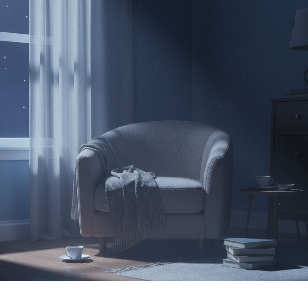 Moonlight resting gently on everyday objects in a quiet room, representing a calming night story that encourages rest.