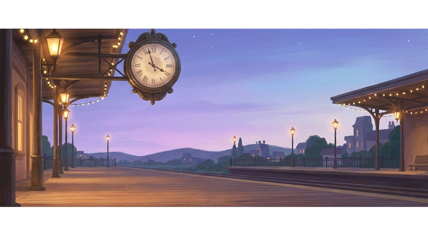 A quiet train station at dusk with warm lights and no crowds, creating a calm and unhurried feeling.