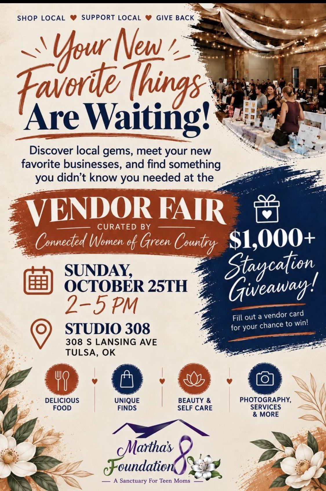 October 25, 2:00-5 Vendor Fair supporting Martha's Foundation – Free entry – Prizes!
