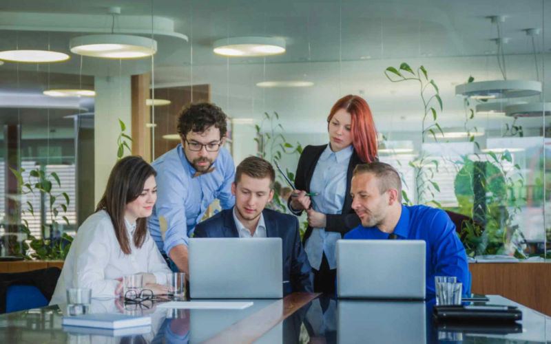 People working on laptops in a modern office - AIBUZZ Tech workspace