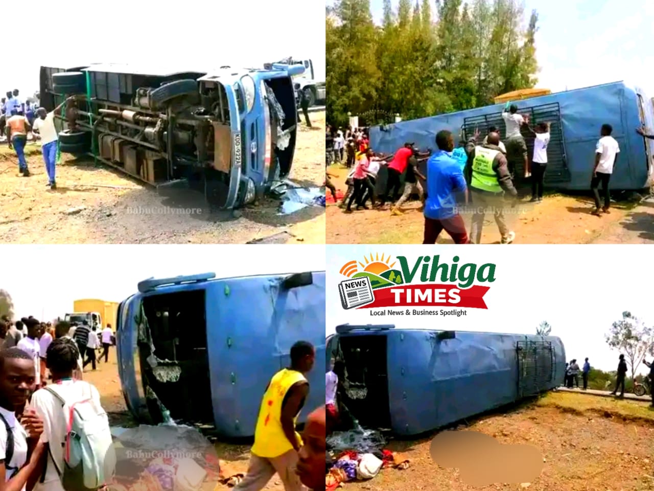 Emergency responders inspect a TUM bus after a crash near Ahero