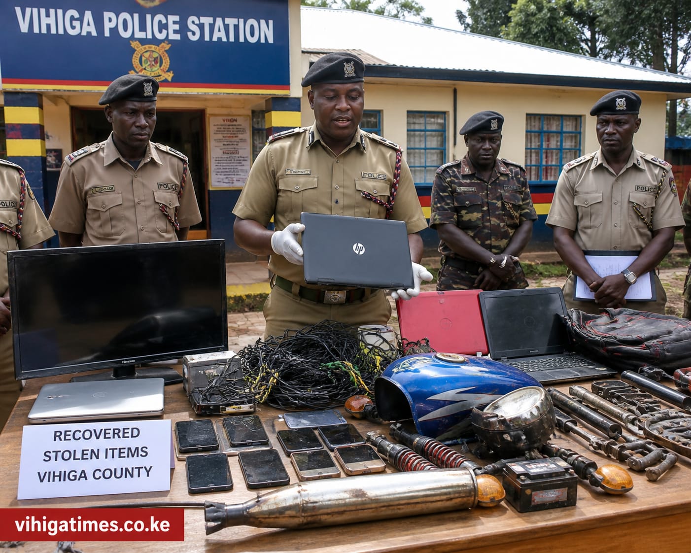 Police recovered stolen motorbike parts and household items during security operations in Vihiga County