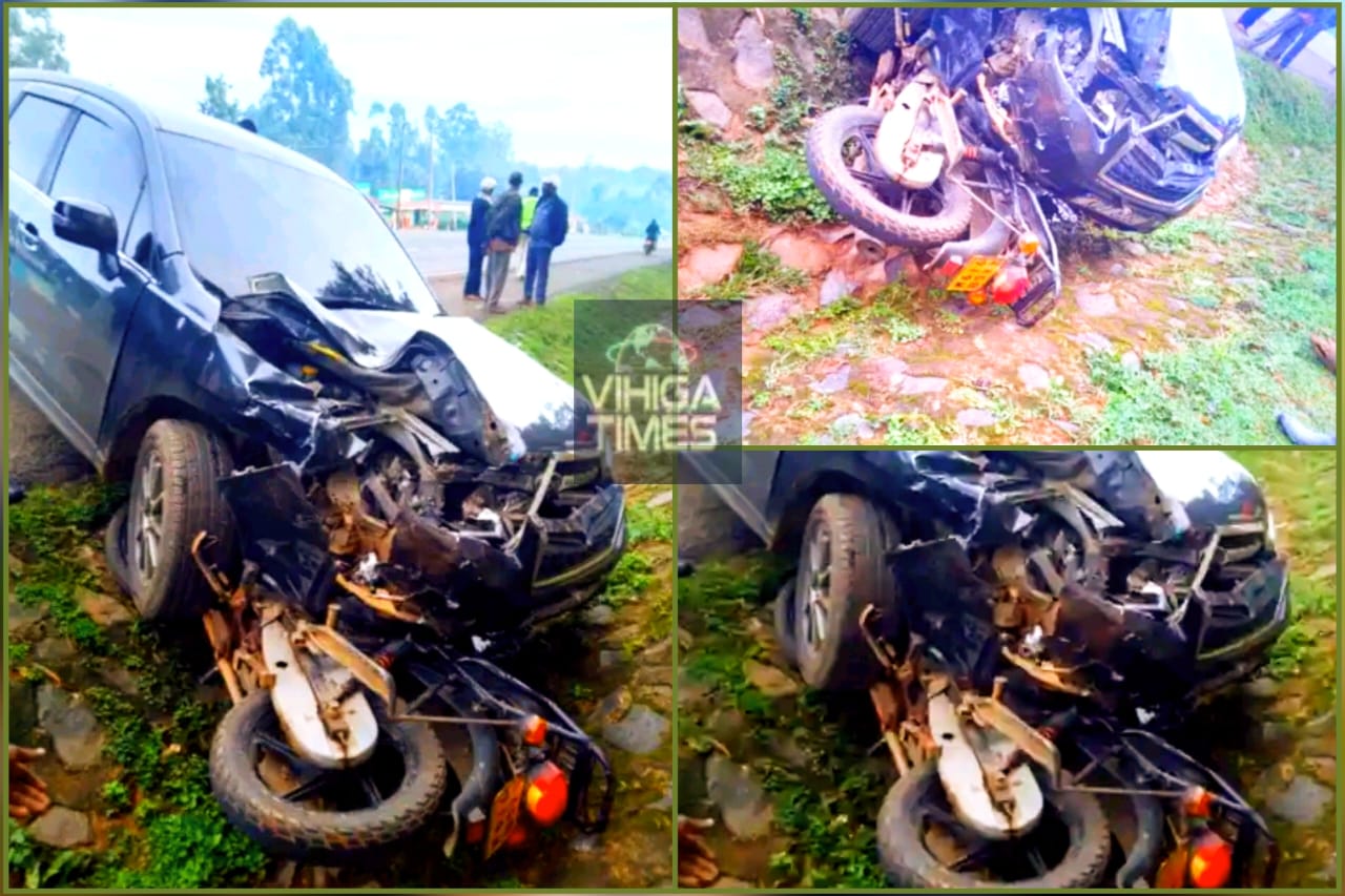 Grisly accident scene at Lunyerere Bridge on Mbale-Chavakali highway in Vihiga County involving boda boda and vehicle