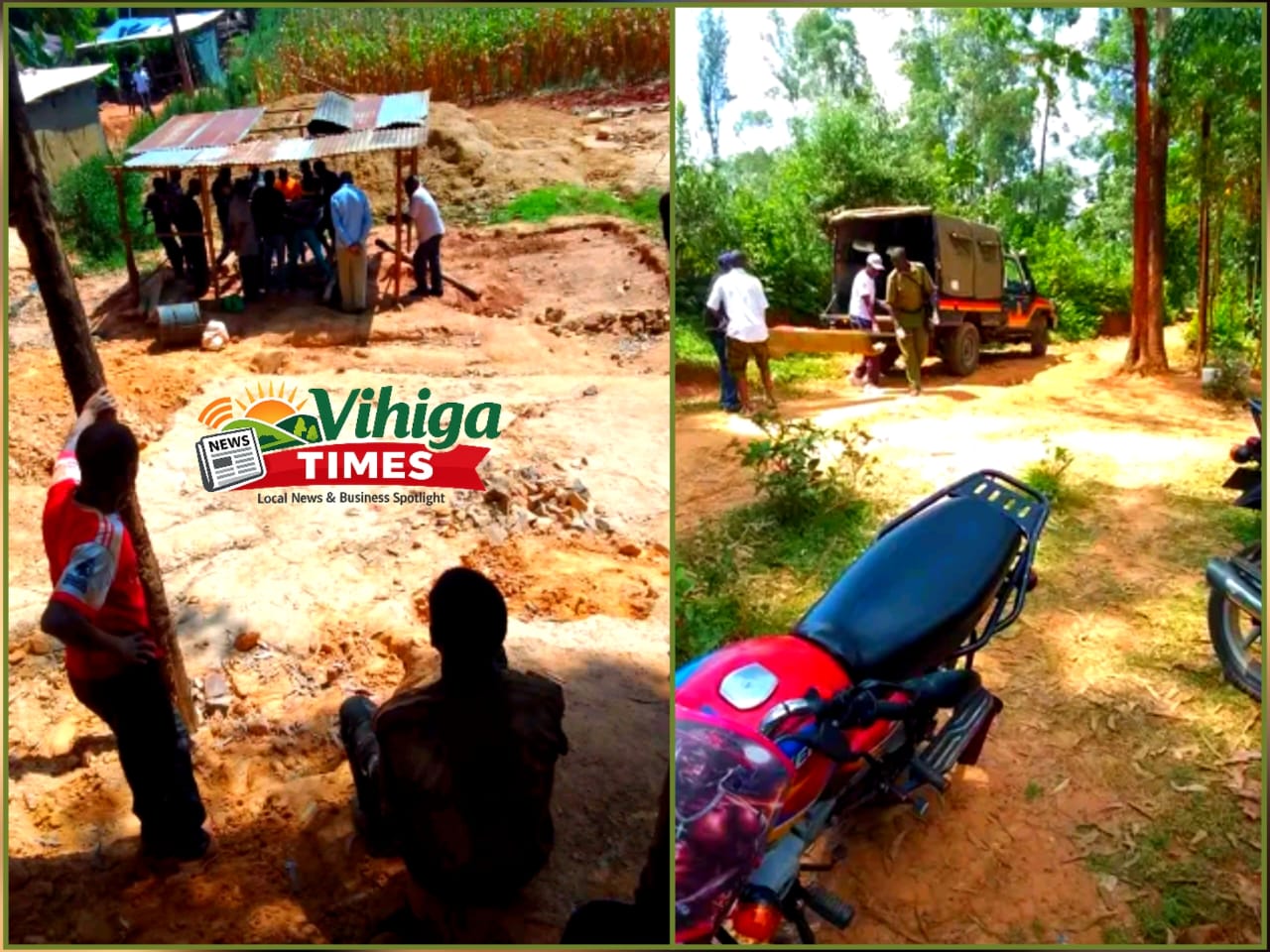 A gold mining site in Havuyiya Village showing a narrow mining shaft, basic mining tools and workers standing near the entrance. No graphic content. Vihiga Times