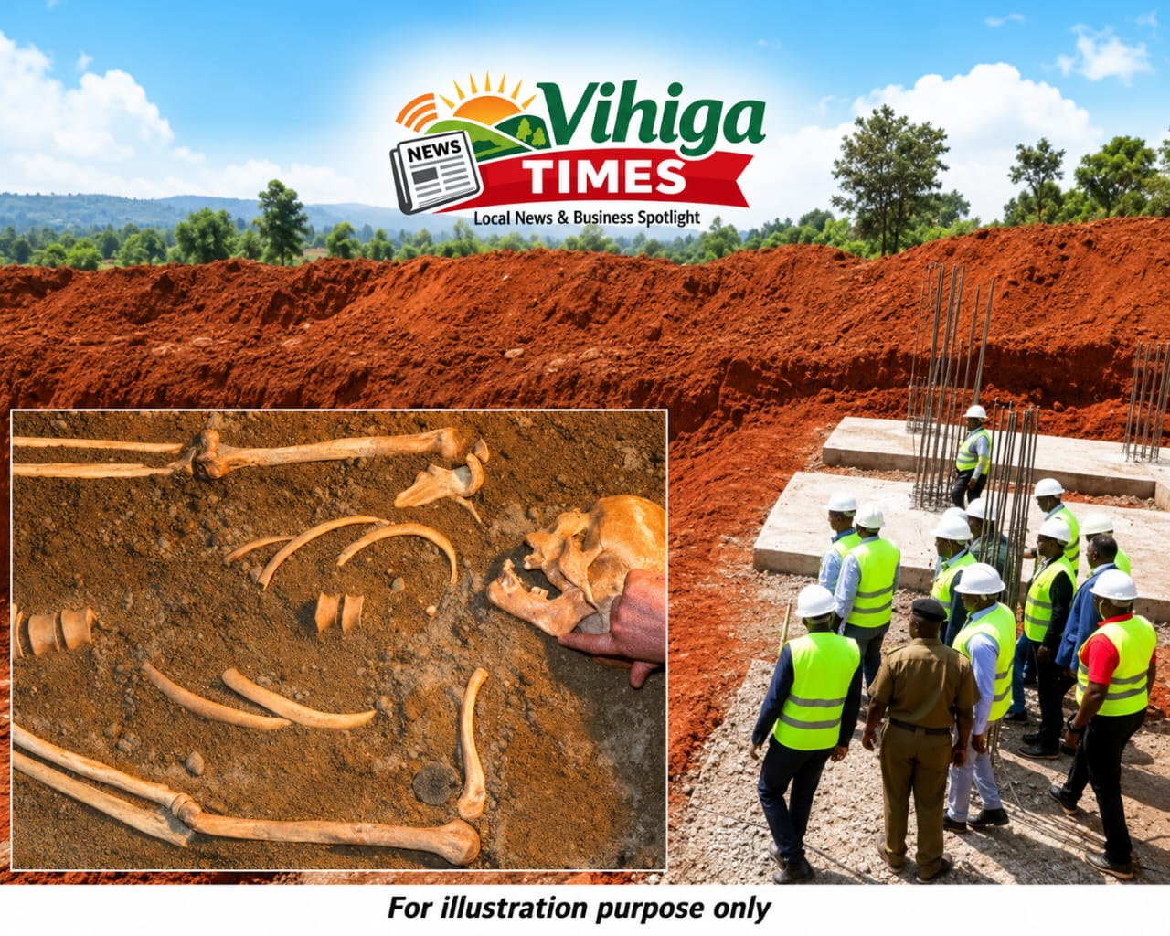 Excavator and officials at Kidundu Stadium construction site in Vihiga County