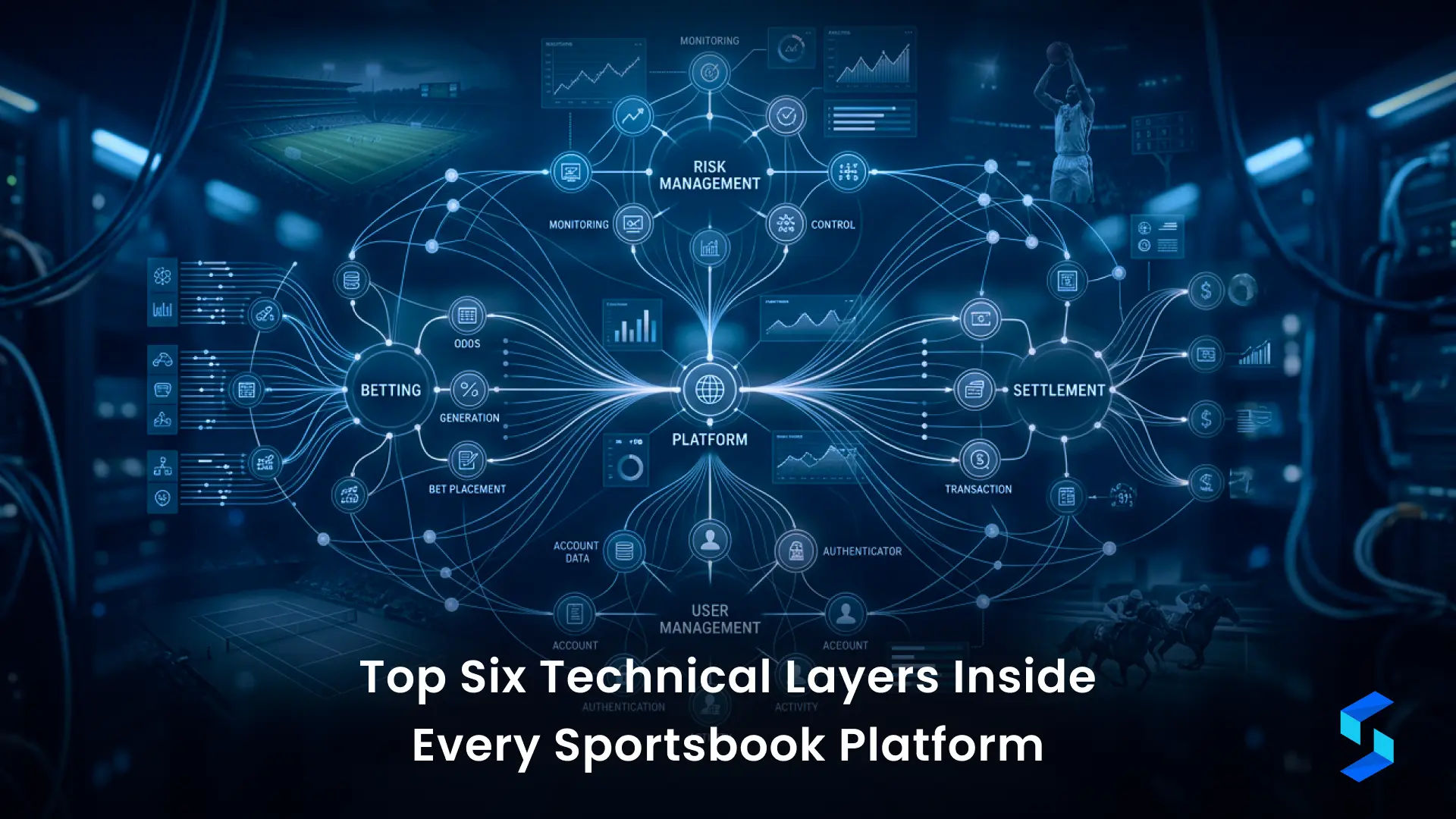 Six technical layers inside every sportsbook platform architecture including frontend trading risk management odds payment and data services 