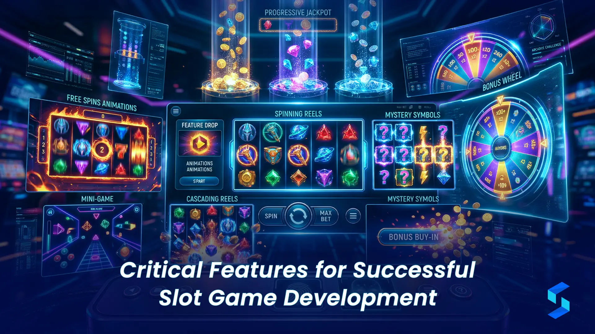 Critical features for successful slot game development including RTP mechanics UI and bonus rounds