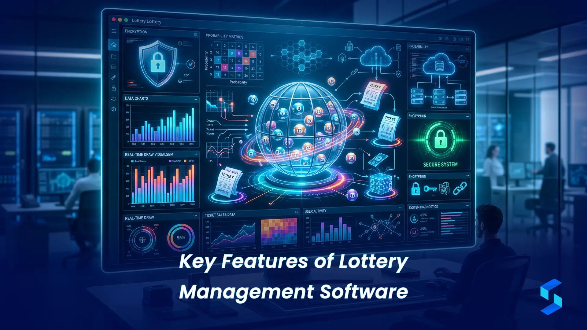 Key features of lottery management software including ticket control reporting and user management