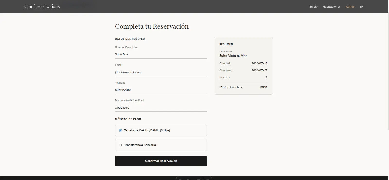 VUNO RESERVATIONS - Sistema de Gestión Hotelera PMS con panel de recepción