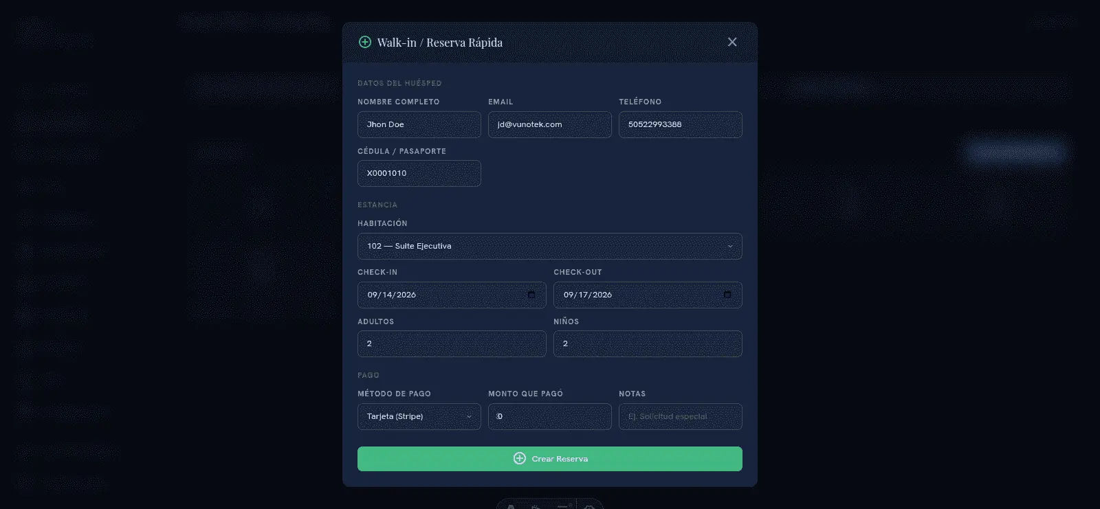 VUNO RESERVATIONS - Sistema de Gestión Hotelera PMS con panel de recepción
