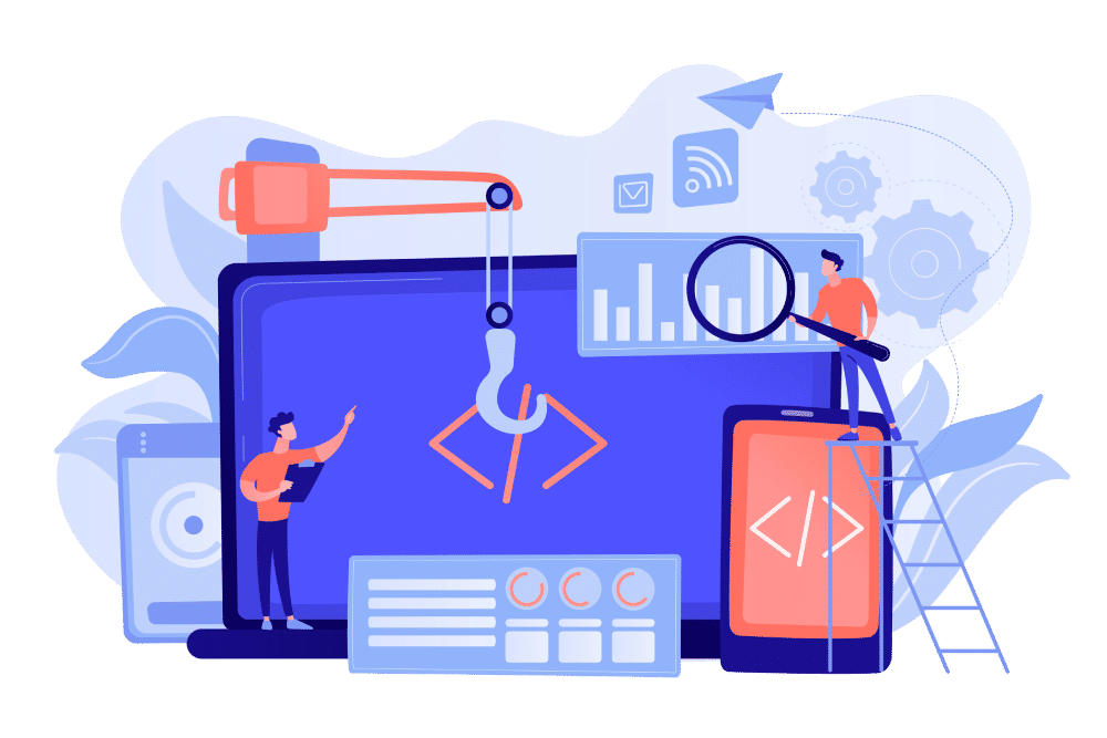 A magnifying glass inspecting computer code, symbolizing quality assurance.