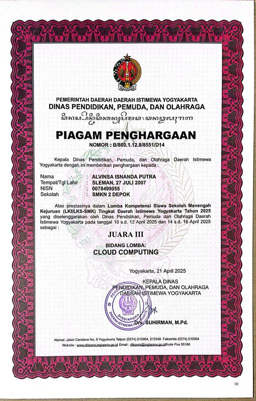 3rd Place in the 2024 DIY Province Cloud Computing LKS - Certificate or achievement image