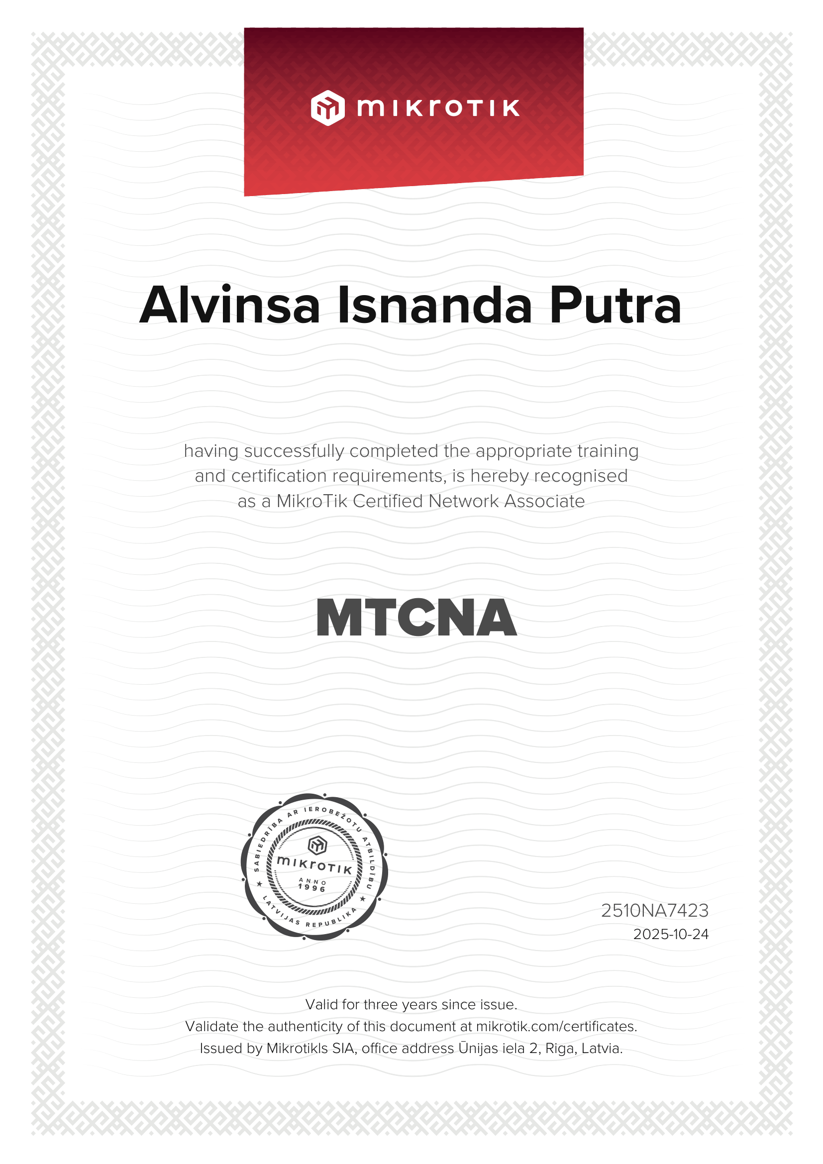 Mikrotik Certified Network Associate (MTCNA) - Certificate or achievement image