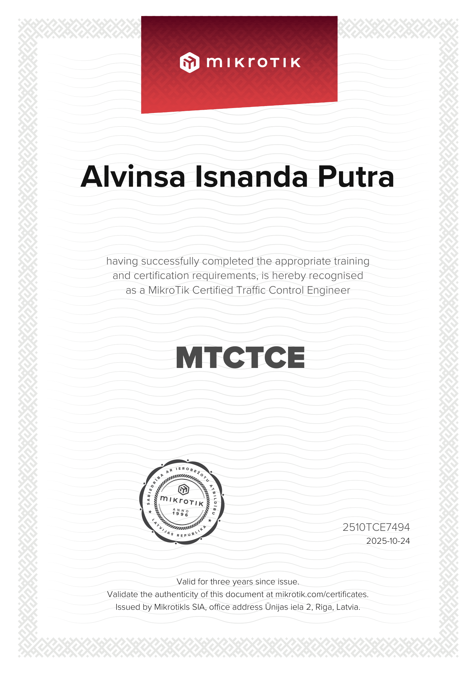 Mikrotik Certified Traffic Control Engineer (MTCTCE) - Certificate or achievement image