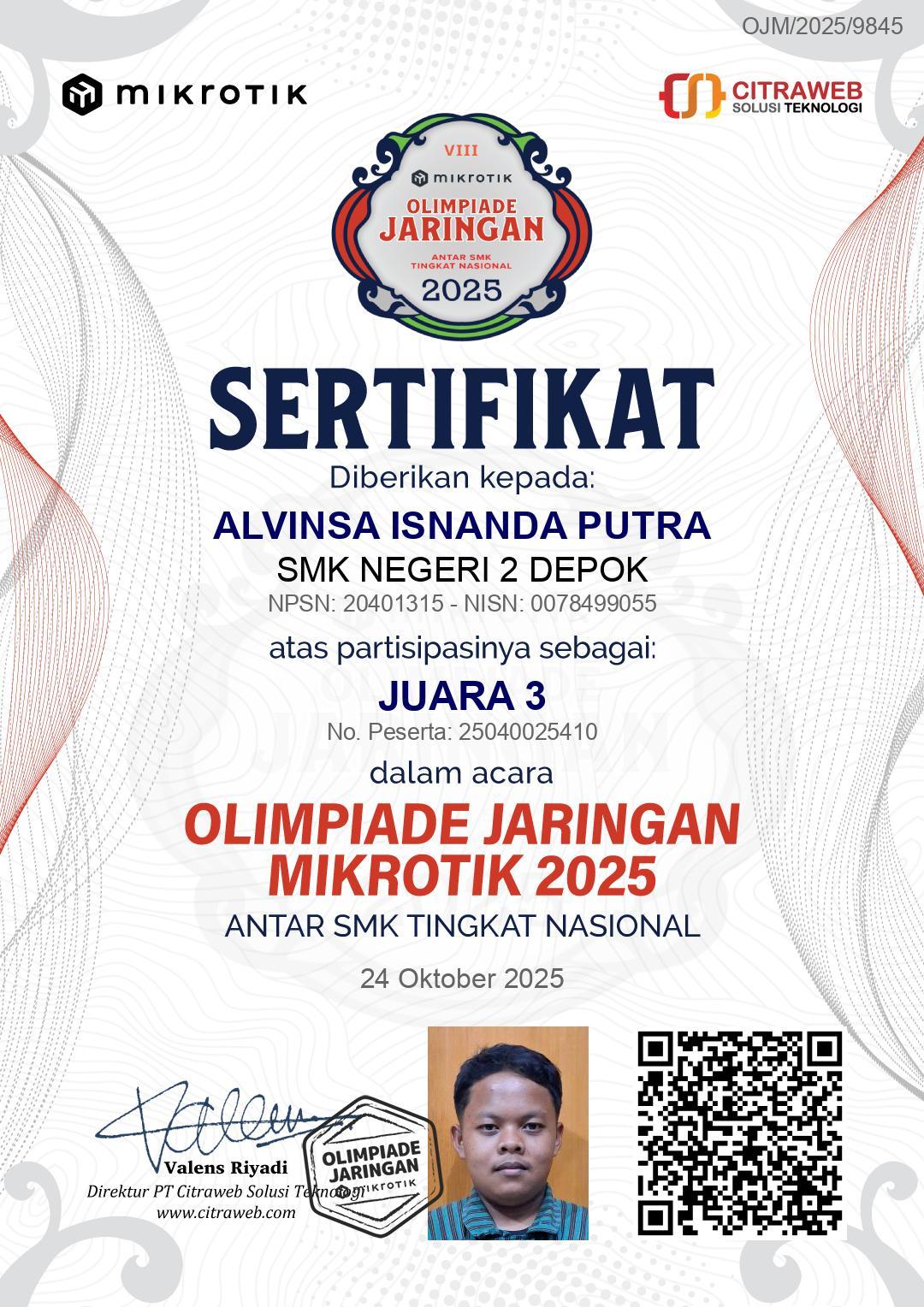 3rd Place in the 2025 MikroTik Networking Olympiad - Certificate or achievement image