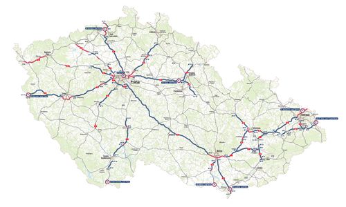 Карта автомагистралей и скоростных дорог в Чехии, для которых требуется виньетка