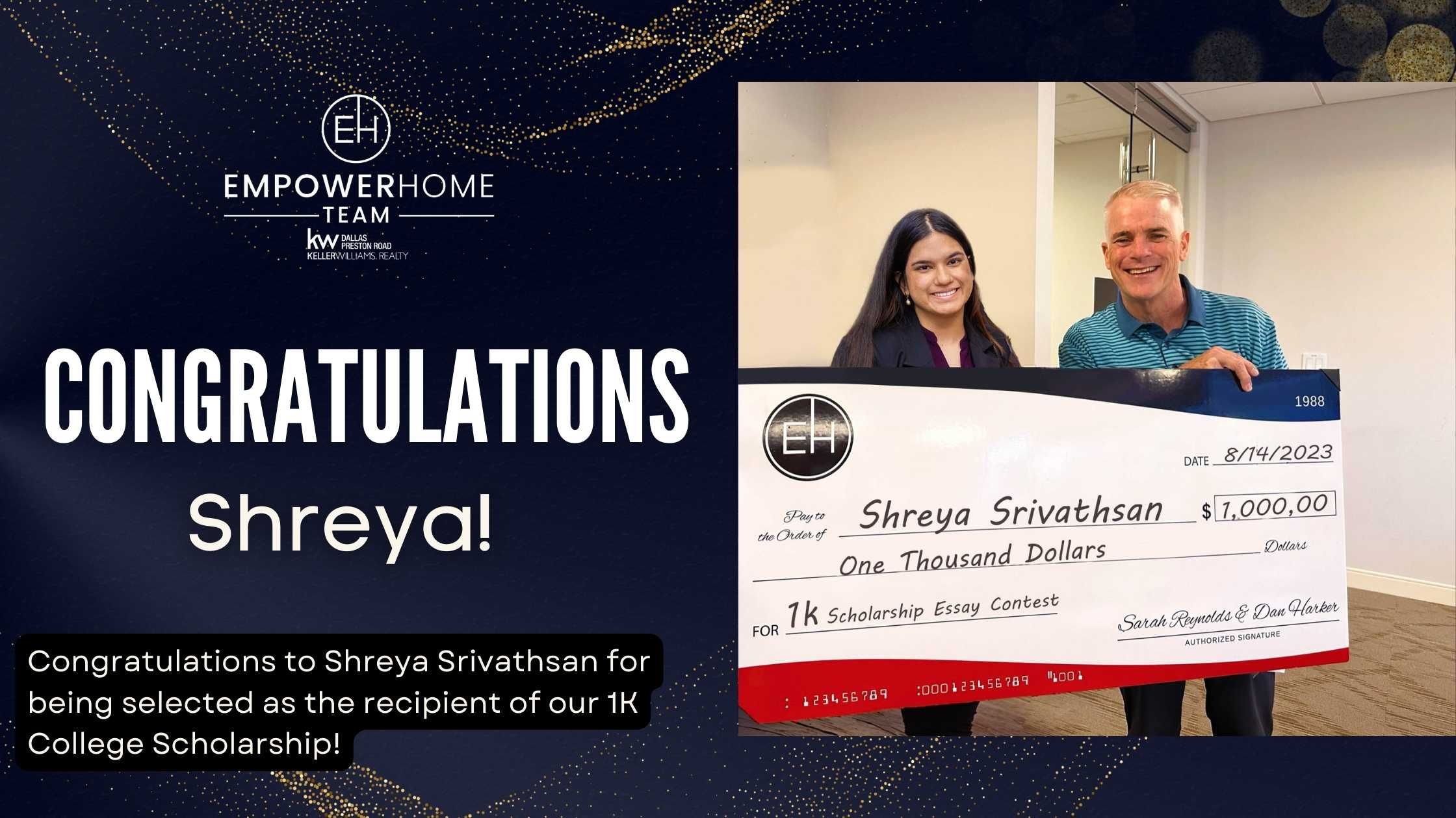 Congratulations to Shreya on Winning our 1K College Scholarship!