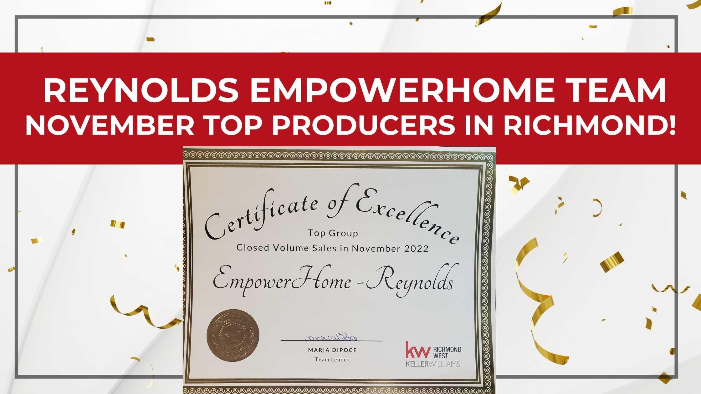 Reynolds EmpowerHome Team Named as Top Producer by Keller Williams Richmond West in November 2022